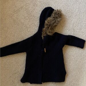 Navy Hooded Sweater with Faux Fur Trim